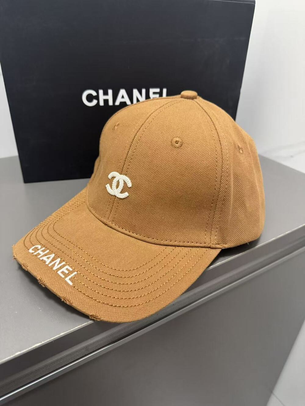 Chanel Caramel Brown Distressed Brim Baseball Cap White CC Embroidered Logo